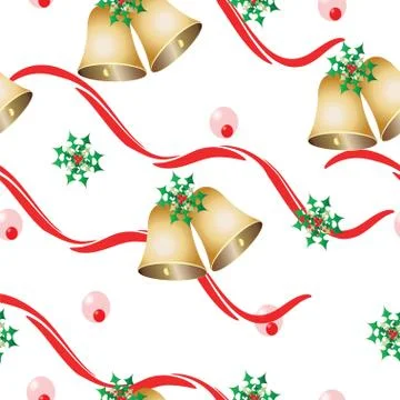 Seamless pattern with Christmas bells, mistletoe and red ribbons Stock Illustration