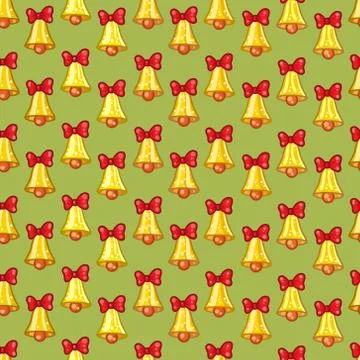 Seamless pattern of Christmas bells with red bows Stock Illustration