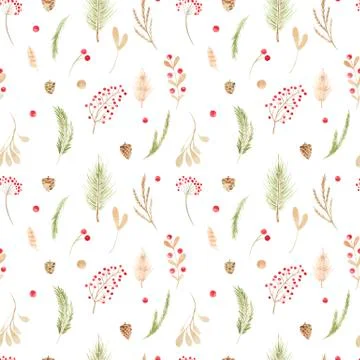 Seamless pattern Christmas boho elements. Watercolor winter floral set Holiday Stock Illustration