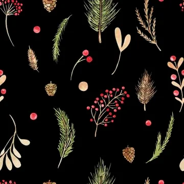 Seamless pattern Christmas boho elements. Watercolor winter floral set Holiday Stock Illustration