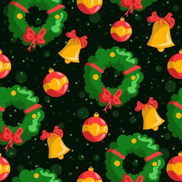 Seamless pattern with christmas bow bells, fir mistletoe garland and globes. Stock Illustration