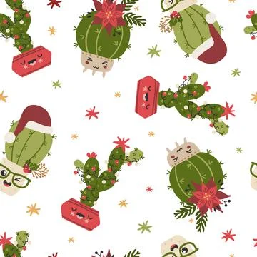 Seamless pattern with christmas cacti. Stock Illustration