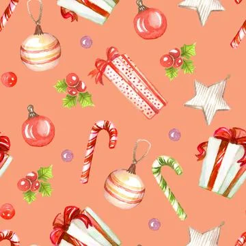 Seamless pattern Christmas candies and gifts watercolor pink Stock Illustration