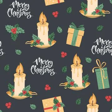 Seamless pattern with Christmas candle decorated with holly. Vector holiday.. Illustrazione stock