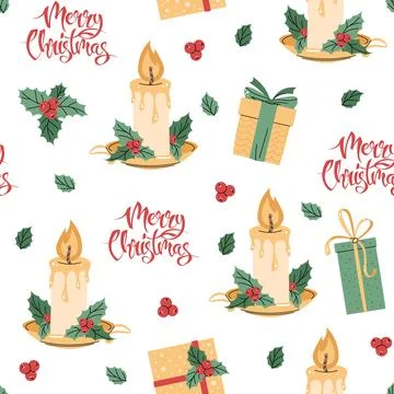 Seamless pattern with Christmas candle decorated with holly. Vector holiday.. Stock Illustration