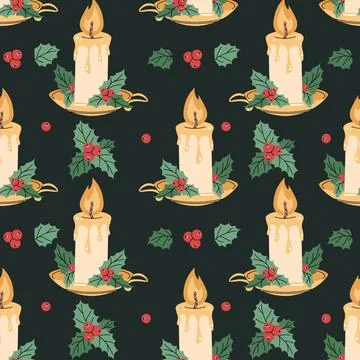 Seamless pattern with Christmas candle decorated with holly. Vector holiday.. Stock Illustration