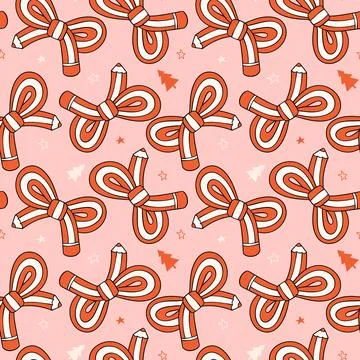 Seamless Pattern Christmas Candy Cane Pencils Bow Festive Doodle isolated o.. Stock Illustration