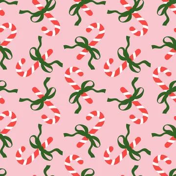 Seamless pattern Christmas candy canes bows on pink. Cute background design Stock Illustration