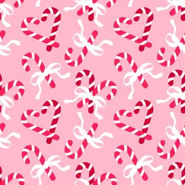 Seamless pattern with Christmas candy canes and bows. Romantic background design Stock Illustration