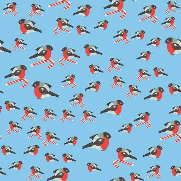 Seamless pattern for Christmas with cane lollipop and bullfinch bird. Winter  Illustrazione stock