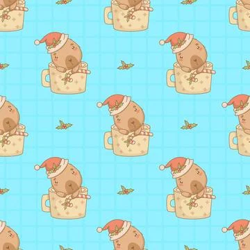 Seamless pattern with Christmas Capybara in Santa hat in cup on blue checke.. Stock Illustration