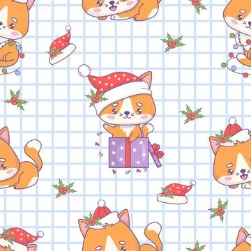 Seamless pattern with Christmas cartoon cat in Santa hat and gift box on wh.. Stockillustratie