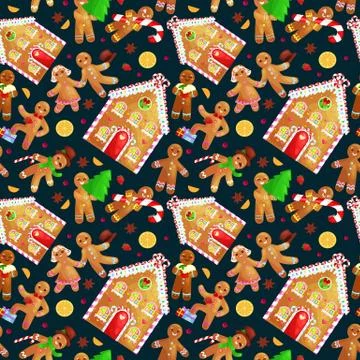 Seamless pattern christmas cookies gingerbread man and girl near sweet hous.. 스톡 일러스트