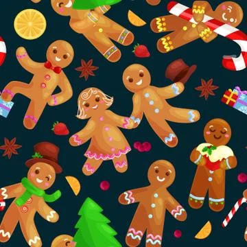 Seamless pattern christmas cookies gingerbread man and girl decorated with .. Illustrazione stock