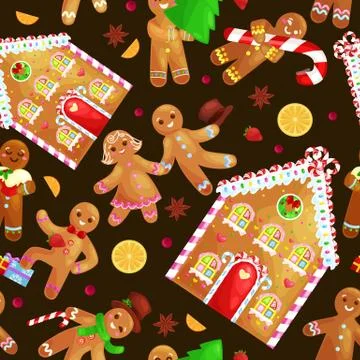 Seamless pattern christmas cookies gingerbread man and girl near sweet hous.. Illustrazione stock