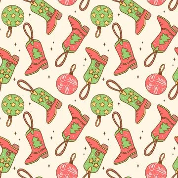 Seamless pattern Christmas Cowboy boots Festive Western xmas wallpaper isol.. Stock Illustration