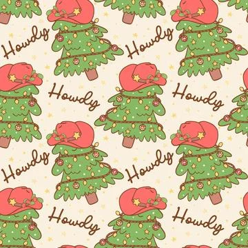 Seamless pattern Christmas Cowboy Pine Tree Festive Western wallpaper isola.. Stock Illustration