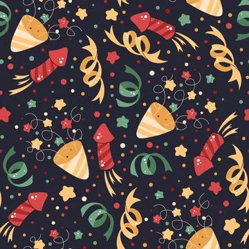 Seamless pattern with Christmas crackers, confetti and decorations. Vector .. Stock Illustration