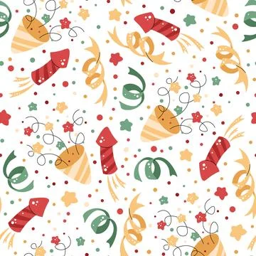 Seamless pattern with Christmas crackers, confetti and decorations. Vector .. Stock Illustration