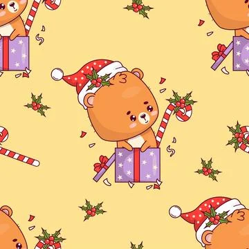 Seamless pattern with Christmas cute bear cub wearing Santa hat in gift box.. 스톡 일러스트