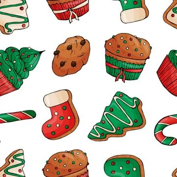 Seamless pattern with Christmas deserts on white background. New year Stock Illustration