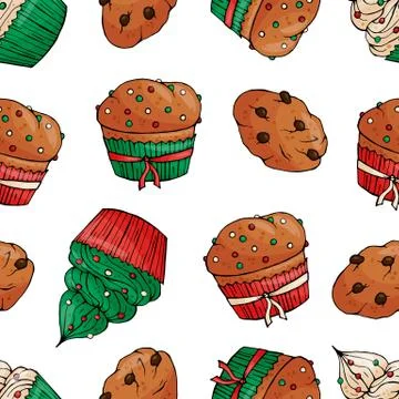Seamless pattern with Christmas deserts on white background. New year cakes and Stock Illustration