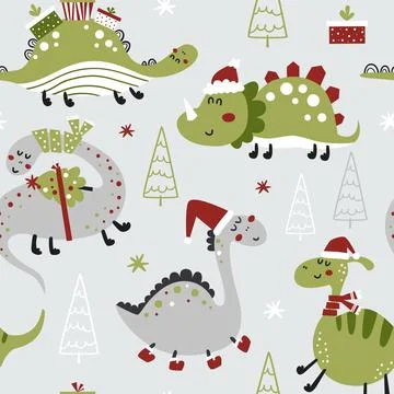 Seamless pattern with Christmas dinosaurs Stock Illustration