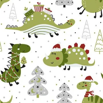 Seamless pattern with Christmas dinosaurs Stock Illustration