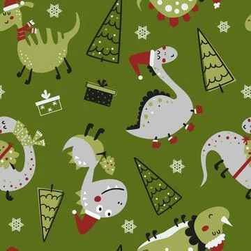 Seamless pattern with Christmas dinosaurs Stock Illustration