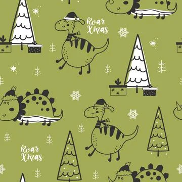 Seamless pattern with Christmas dinosaurs Stock Illustration