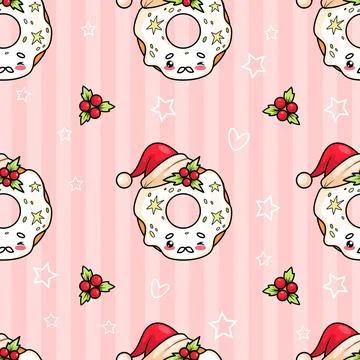 Seamless pattern with Christmas donuts in Santa hat on pink striped backgro.. Stock Illustration