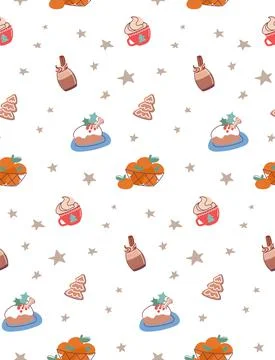 Seamless pattern with Christmas drinks and food. Vector in flat style Stock Illustration