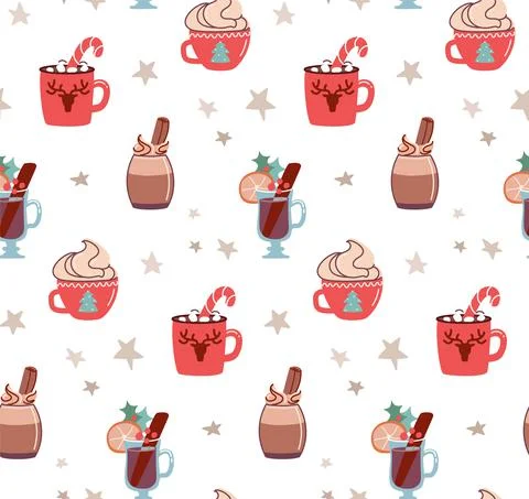 Seamless pattern with Christmas drinks. Vector holiday packaging with cocoa and Stock Illustration