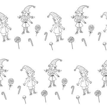 Seamless pattern with Christmas elf outlines surrounded by lollipops, candies 库存插图