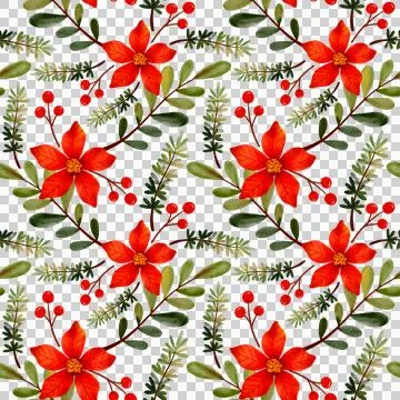 Seamless pattern with Christmas flowers and winter berries. Watercolor ornament. Illustrazione stock