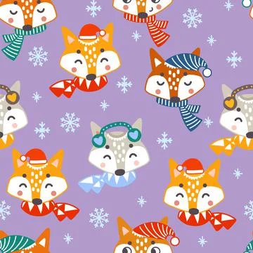 Seamless pattern christmas fox heads background vector illustration purple Stock Illustration