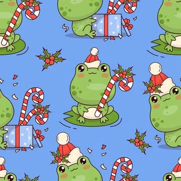Seamless pattern with Christmas frogs with striped candy cane with holly an.. Stock Illustration
