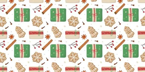Seamless pattern with Christmas Gift box in green paper and nature decor 스톡 일러스트