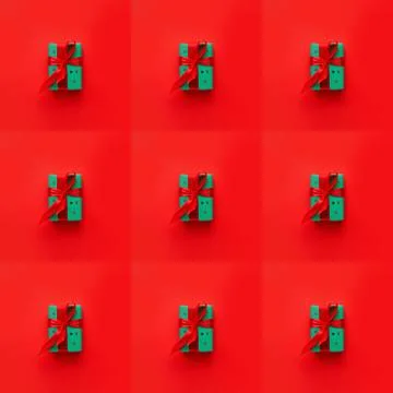 Seamless pattern with christmas gift box with bow on red background Stock Photos