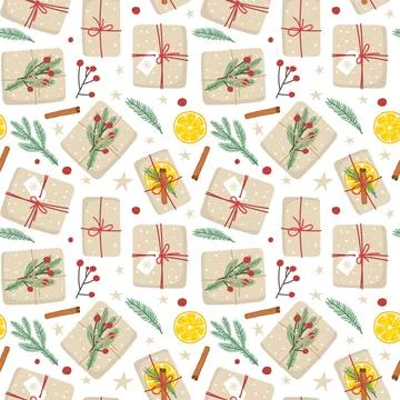Seamless pattern with Christmas Gift boxes in craft paper with nature decor Stock Illustration