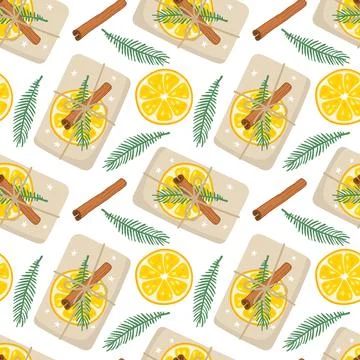 Seamless pattern with Christmas Gift boxes in craft paper with nature decor Stock Illustration