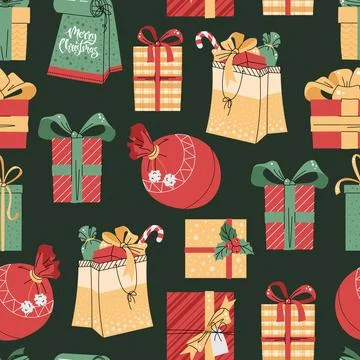 Seamless pattern with Christmas gift boxes. Vector holiday texture in flat .. Stock Illustration