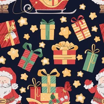 Seamless pattern with Christmas gift boxes and Santa Claus with sleigh. Vec.. Stock Illustration