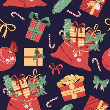Seamless pattern with Christmas gift boxes and Santa s bag. Vector holiday te Illustrazione stock