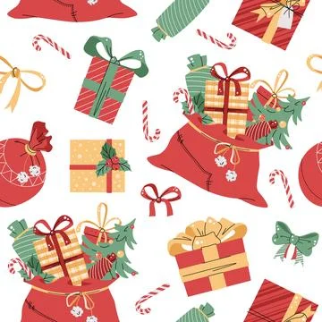 Seamless pattern with Christmas gift boxes and Santa s bag. Vector holiday te Illustrazione stock