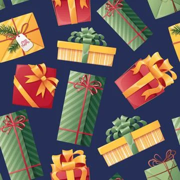 Seamless pattern with Christmas gifts. Boxes in wrapping paper with satin rib Stock Illustration