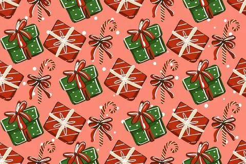 Seamless pattern. Christmas gifts with sweets on a coral background. Stock Illustration
