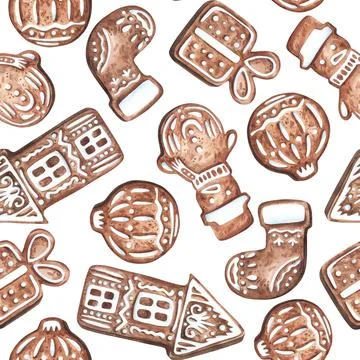Seamless pattern Christmas gingerbread cookies. Watercolor hand drawn Stock Illustration