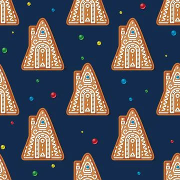 Seamless Pattern with Christmas Gingerbread House on Blue. Vector Illustratio Illustrazione stock