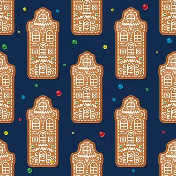 Seamless Pattern with Christmas Gingerbread House on Blue. Vector Illustratio Stock Illustration